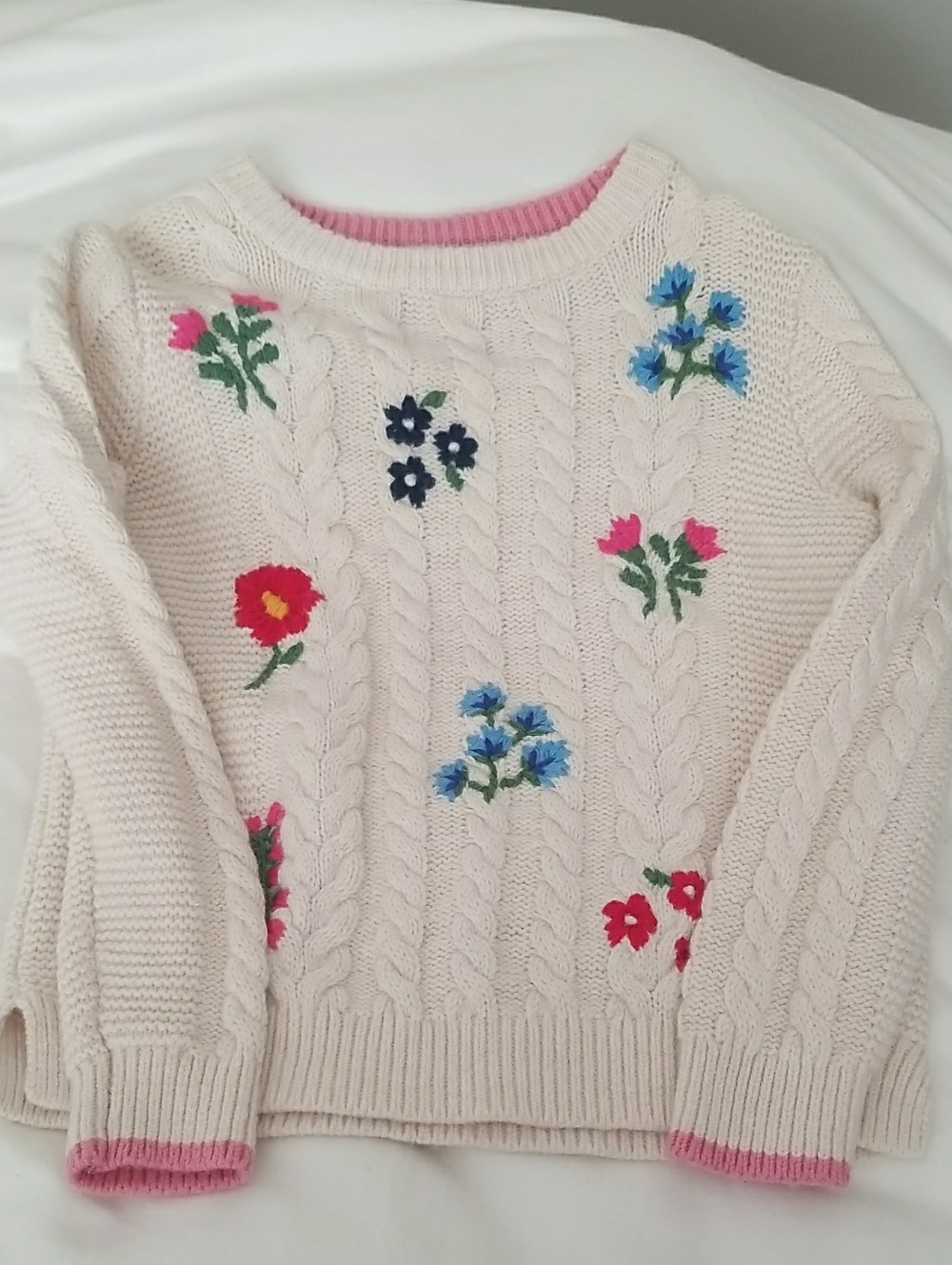 Mini Boden Embroidered Floral Cable-Knit Sweater 5/6Y